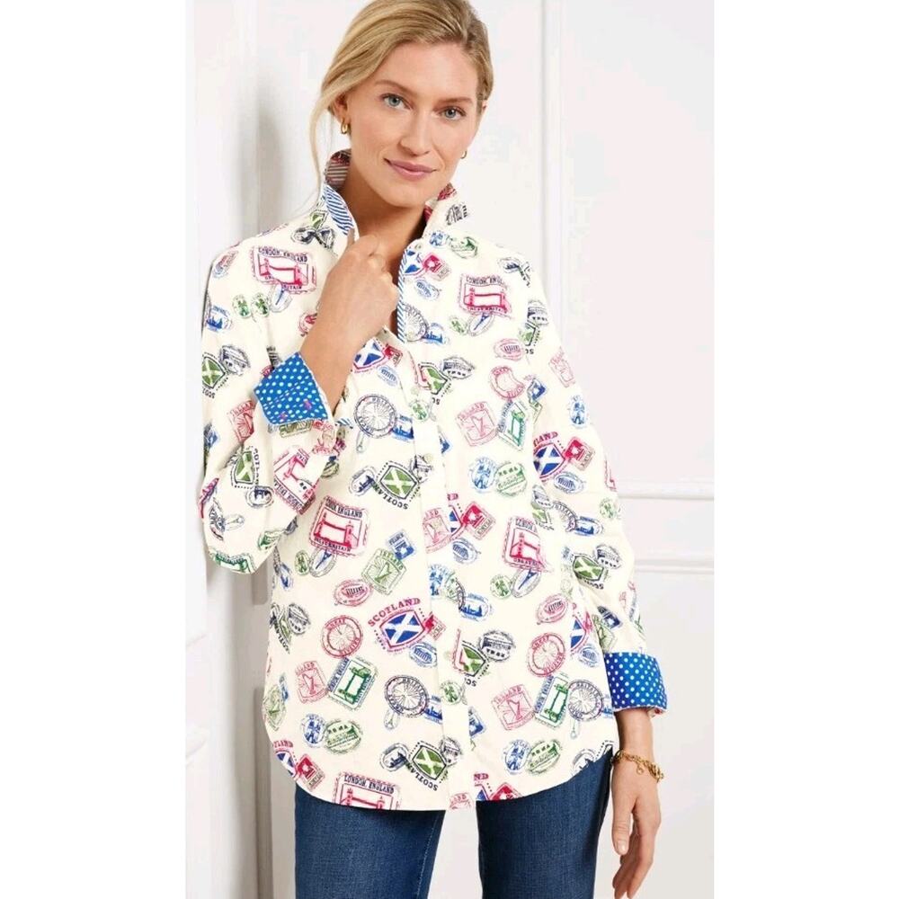 Talbots Women's Passport Stamps Button Up‎ Shirt Sz PXL Modern Classic Travel